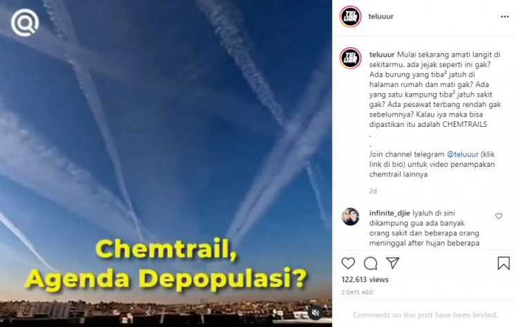 A post from @teluuur, the biggest conspiracy community in Indonesia, speculating about “chemtrails”.