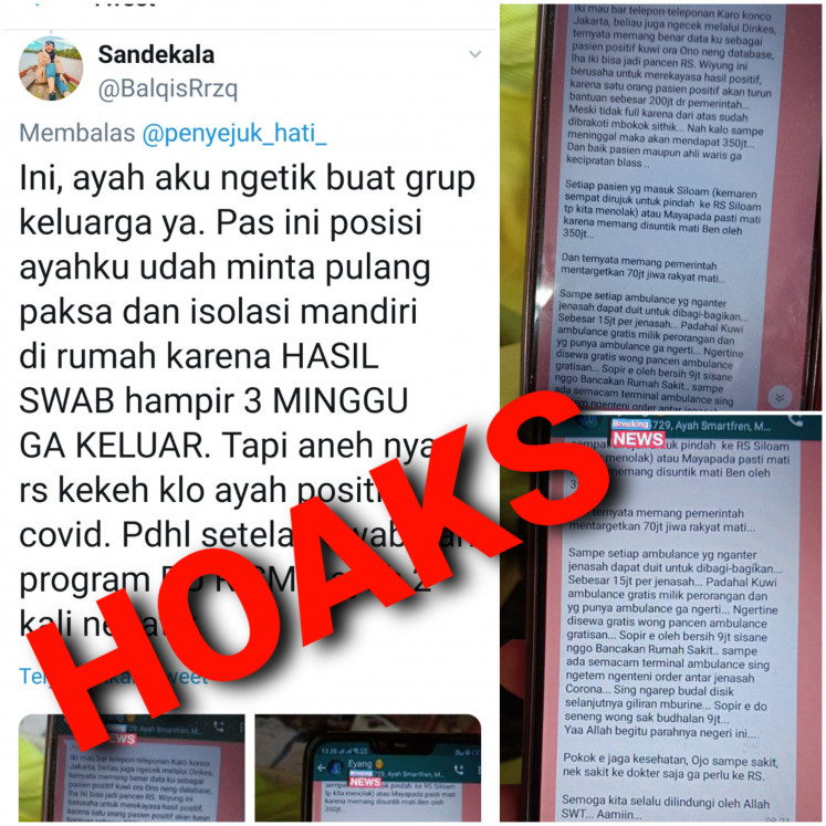 A viral tweet containing a WhatsApp message supposedly proving that a hospital forced someone healthy to stay in treatment. It has been shown to be false.