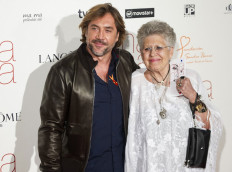 Spanish actor Javier Bardem and his mother Pilar Bardem pose during the premiere of Julio Medem's film 'Ma Ma' at the Capitol Cinema in Madrid on September 9, 2015.
