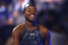 Simone Manuel of the United States reacts after competing in the Women's 50m freestyle final during Day Eight of the 2021 U.S. Olympic Team Swimming Trials at CHI Health Center on June 20, 2021 in Omaha, Nebraska.
