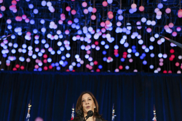 US Vice President Kamala Harris delivers a speech at Gardens by the Bay in Singapore before departing for Vietnam on the second leg of her Asia trip, August, 24, 2021. 