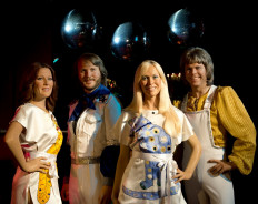 In this file photo taken on October 2, 2012 Madame Tussauds waxwork models of Swedish pop group Abba are displayed at a roller disco in the Renaissance Room in London.