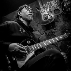 The late Burgerkill guitarist Eben, also called 'Ebenz', pictured with his guitar on August 28, 2021. 