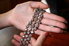 This picture taken in Geneva on September 6, 2021 shows one of the two bracelets belonged to French Queen Marie-Antoinette adorned with three rows of 112 old cut diamonds, that will be offered for the first time for sale at an estimated price of 2 - 4 millions of US dollars by Christie's auction house on November 9 in Geneva.