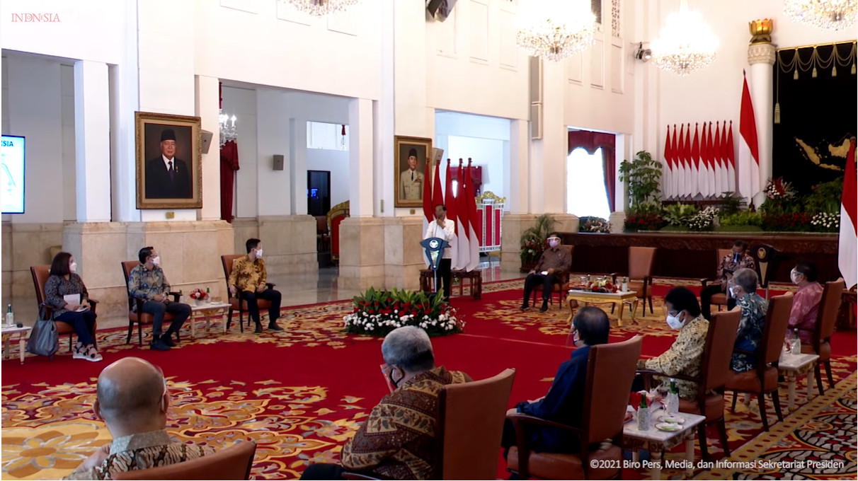 President Joko "Jokowi" Widodo meets with business lobbyists on Sept. 8, 2021 at the State Palace in this handout photo provided by the Cabinet Secretariat.
