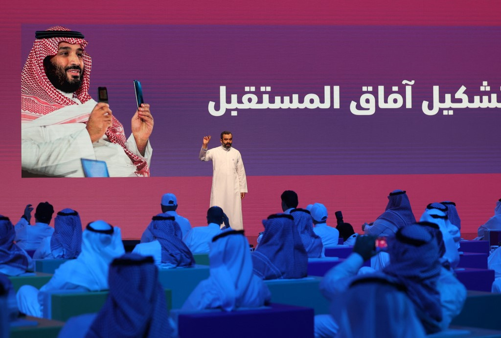 Saudi Minister of Communication and Information Technolgy Abdullah bin Amer Al-Swaha, speaks during the launching event of a number of regional technological initiatives in the capital Riyadh, with a budget surpassing 4 billion riyals, in partnerships with 10 of giant tech companies around the globe, on August 25, 2021. 