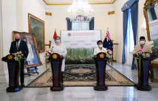 (From right to left:) Indonesian Defense Minister Prabowo Subianto, Indonesian Foreign Minister Retno LP Marsudi, Australian Foreign Minister Marise Payne and Australian Defense Minister Peter Dutton attend a joint press statement following their two-plus-two meeting at the Foreign Ministry complex in Jakarta, on Sept. 9, 2021.