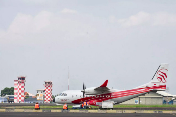A CN 235-220 test plane during a ground running test on Sept. 6, 2021, using BioAvtur J2.4 in Bandung, West Java.