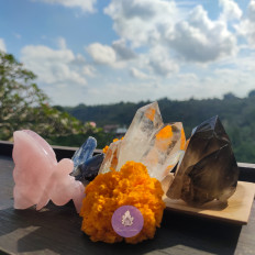 Crystal healing: A crystal collection made up of (from left) rose quartz, blue kyanite, clear quartz and smokey quartz. (Courtesy of Crystal Chamber)