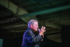 Canadian actor William Shatner speaks from the stage at the second edition of the multi-genre entertainment comic and fan convention 'Comic Con Africa' in Johannesburg on September 21, 2019. 