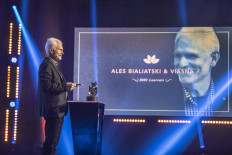 Belarusian human rights activist Ales Bialiatski speaks after he and the Belarusian human rights organization Vjasna were awarded the 2020 Right Livelihood Award during the 2020 awarding ceremony in Stockholm on December 3, 2020.
