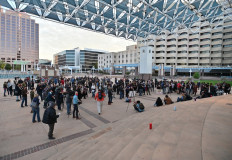  People attend a vigil held to honor cinematographer Halyna Hutchins at Albuquerque Civic Plaza on October 23, 2021 in Albuquerque, New Mexico. Hutchins was killed on set while filming the movie 