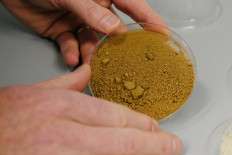 A picture shows sustainably grown coffee once the process is finished, the darker coulour is due to the roasting process at the VTT research lab in Espoo, Finland, on October 25, 2021. Latte drinkers may in the future be sipping on java sourced from a petri dish rather than a plantation, say scientists behind a new technique to grow what they hope to be sustainable coffee in a lab.