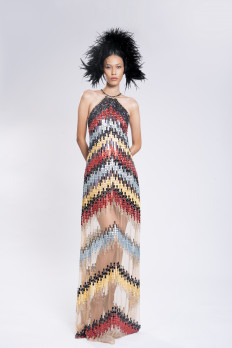 Bold patterns: Sequins and leather disks are sewn into the collection, creating bold geometric patterns. (Courtesy of Sebastian Gunawan)