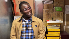 Ghanaian photographer Paul Ninson smiles while speaking to a journalist at Long Island City, in Queens, New York, U.S., November 5, 2021. Picture taken November 5, 2021. 
