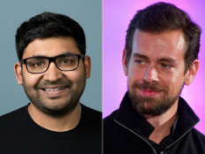 This combination of pictures created on November 29, 2021 shows an undated photo courtesy of Twitter of new Twitter CEO Parag Agrawal (left) and Jack Dorsey (right) who stepped down as Twitter CEO in London on November 20, 2014. Parag Agrawal, who took over on November 29 as the new head of Twitter, shot from relative obscurity as the platform's technology expert to becoming the latest India-born talent to lead a US tech giant.