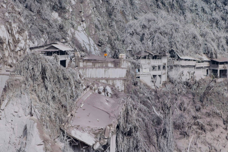 Ash covers houses and trees on the slopes of Mount Semeru in Lumajang on December 5, 2021, the day after a volcanic eruption on the mountain that killed at least 14 people.