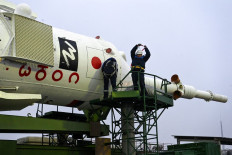 The Soyuz MS-20 spacecraft is mounted on the launch pad at the Russian-leased Baikonur cosmodrome in Kazakhstan on December 5, 2021.