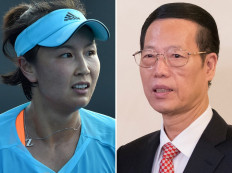 This combination of file photos shows tennis player Peng Shuai of China (left) during her women's singles first round match at the Australian Open tennis tournament in Melbourne on January 16, 2017; and Chinese Vice Premier Zhang Gaoli (R) during a visit to Russia at the Saint Petersburg International Investment Forum in Saint Petersburg on June 18, 2015. Chinese tennis star Peng Shuai said she was safe and well during a video call with the International Olympic Committee chief on November 21, 2021, the organisation said, amid international concern about her well-being after being seen attending a Beijing tennis tournament, marking her first public appearance since she made her accusations against former vice premier Zhang Gaoli.