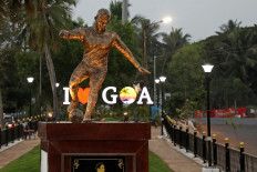 This photograph taken on December 30, 2021 shows a newly installed statue of Portuguese footballer Cristiano Ronaldo in Calangute after the statue has caused a stir.
