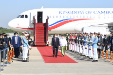 Myanmar Foreign Minister Wunna Maung Lwin welcomes Cambodian Prime Minister Hun Sen in Naypyitaw, Myanmar, January 7, 2022. 