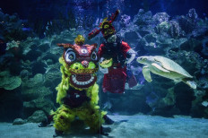 Divers wearing a traditional lion costume (L) and a god of fortune costume (C) look on as a turtle (R) swims past at the Aquaria KLCC oceanarium in Kuala Lumpur on January 21, 2022, ahead of the Lunar New Year.