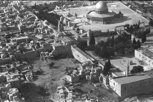 A file Israeli Press Office aerial picture of Jerusalem taken on June 12, 1967 shows the remaining buildings in the Mughrabi Quarter in Jerusalem's Old City by the Western Wall and the Al-Aqsa mosque complex following the Six Day War.