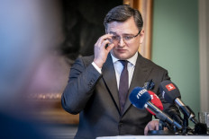Ukrainian Foreign Minister Dmytro Kuleba gives a statement with his Danish counterpart (not in picture) at Christiansborg in Copenhagen, Denmkark, on January 27, 2022. Ukrainian Foreign Minister Dmytro Kuleba is on a two-day visit to Denmark.
