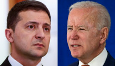 This combination of file pictures created on July 21, 2021, shows Ukranian President Volodymyr Zelensky (left) in Riga, Latvia, on October 16, 2019; and US President Joe Biden speaking on June 4, 2021, at the Rehoboth Beach, Delaware, Convention Center. Biden spoke at length on February 13, 2022 with Ukrainian counterpart Zelensky about Russia's military buildup along Ukraine's borders, with the pair agreeing on the need to pursue 