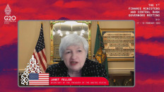 US Treasury Secretary Janet Yellen speaks at the Indonesia-led G20 high-level seminar on strengthening the global health architecture, hosted by the Indonesian Finance Ministry, on Feb. 17, 2022.