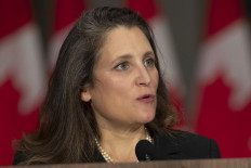 Deputy Prime Minister and Minister of Finance Chrystia Freeland speaks during a press conference in Ottawa, Canada, on October 26, 2021.
