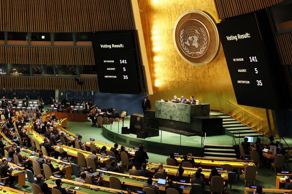The results of a General Assembly vote on a resolution is shown on a screen during a special session of the General Assembly at the United Nations headquarters on March 2, 2022 in New York City, United States. The UN General Assembly continued its 11th Emergency Special Session where a vote was held on a draft resolution to condemn Russia over the invasion of Ukraine.