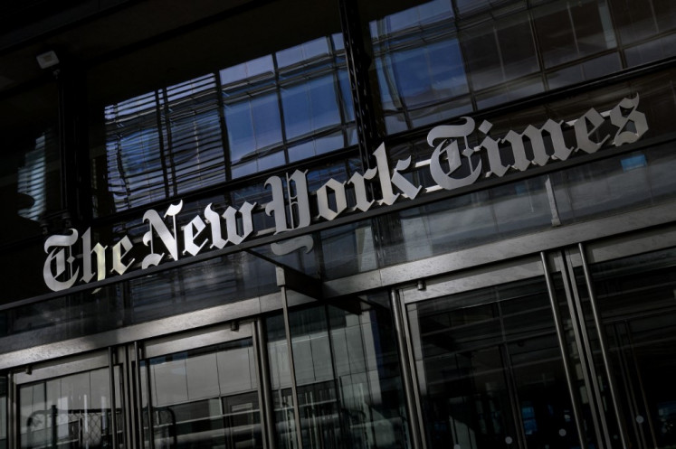 In this file photo taken on February 01, 2022, The New York Times Building in New York . 