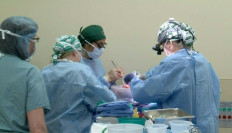 This handout photo provided by the University of Alabama (UAB) shows the porcine kidneys that are prepared on the backbench for transplantation into the brain-dead recipient. (Left to right)Paige Porrett, M.D., Ph.D., Sara Macedon,Natalie Budd,andJayme LockeM.D. A US medical team on January 19, 2022 announced it had carried out the second-known kidney transplant from a pig to a human, the first inside the body of a brain dead recipient.