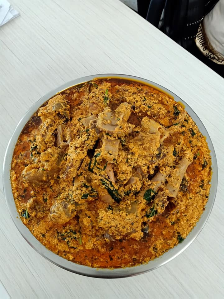 West African adventure: ‘Egusi’ is a Nigerian classic, a hearty, savory meat stew thickened with ground sunflower seeds. It’s a welcome change of pace with a kick, served at African Food Center Nwanyi Nnewi. (Facebook/African Food Center Nwanyi Nnewi)