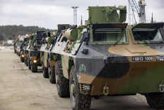 Armored vehicles of NATO's rapid reaction force brigade in Norway for the military exercise Cold Response 22 arrive at Borg Havn in Fredrikstad, Norway on March 10, 2022. 