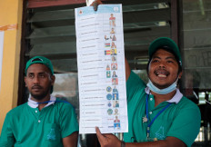 A man shows a ballot during a presidential election in Dili on March 19, 2022. 