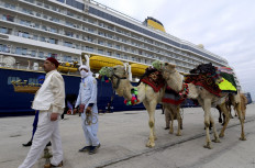 Tunisian men lead camels on March 23, 2022 at the port of La Goulette in Tunis as Tunisia welcomes the first cruise from Europe, with more than 800 tourists on board, after a stop recorded since 2019 due to the Covid-19 pandemic.