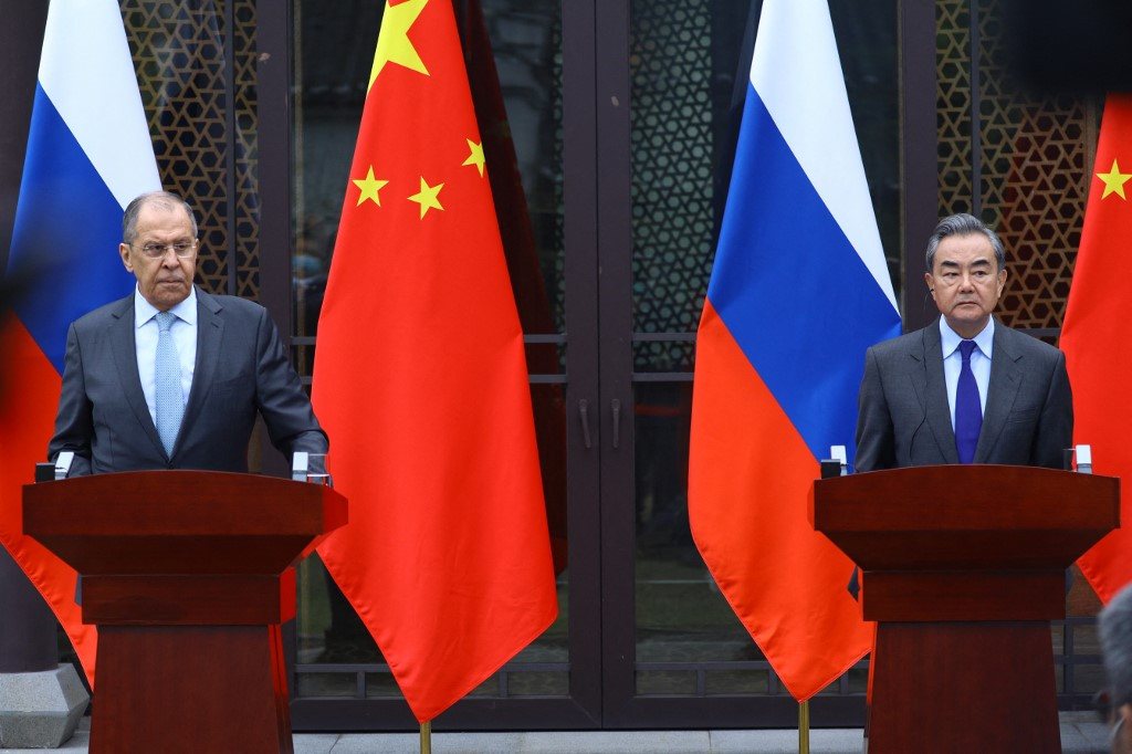 Russian Foreign Minister Sergei Lavrov and Chinese Foreign Minister Wang Yi hold a joint press conference following their talks in Guilin on March 23, 2021. 