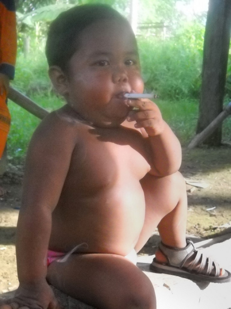 Exposed to tobacco: Two-year-old Indonesian boy Ardi Rizal puffs on a cigarette in the yard of his family home in a village on Sumatra island on May 16, 2010.