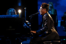 Jon Batiste performs onstage during MusiCares Person of the Year honoring Joni Mitchell at MGM Grand Marquee Ballroom on April 01, 2022 in Las Vegas, Nevada. 
