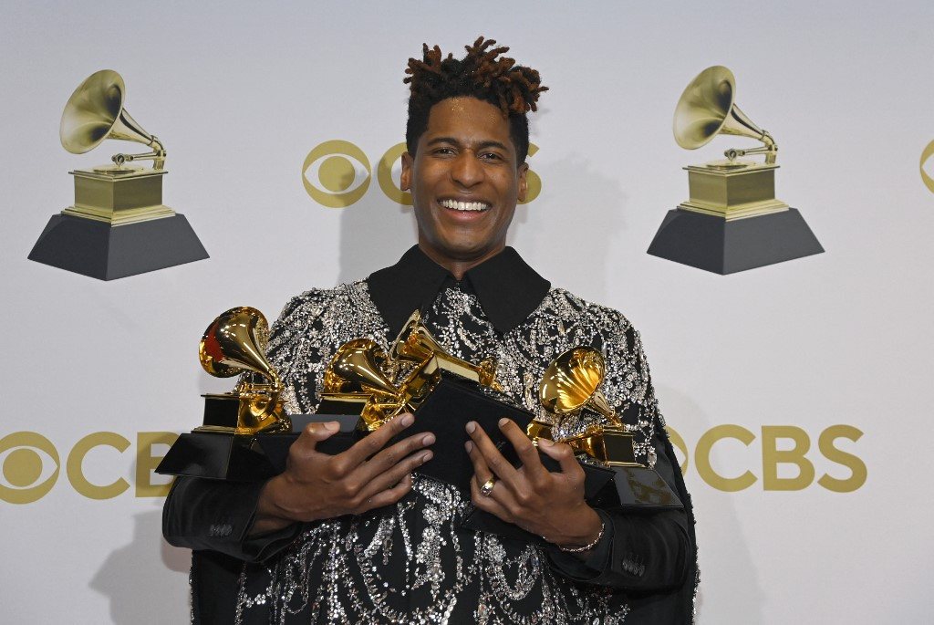 on Batiste winner of best American roots performance, best American roots song, best music video and best score soundtrack for visual media poses in the winners photo room during the 64th Annual GRAMMY Awards at MGM Grand Garden Arena on April 03, 2022 in Las Vegas, Nevada. 