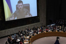 President Volodymyr Zelensky, of Ukraine, addresses a meeting of the United Nations Security Council in New York City on April 5, 2022. Zelensky challenged the United Nations to 