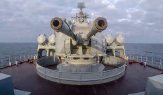 This handout video grab released by the Russian Defense Ministry on February 12, 2022, shows a Russian ship's gun turret during the Black sea naval exercises outside the Crimean port of Sevastopol.