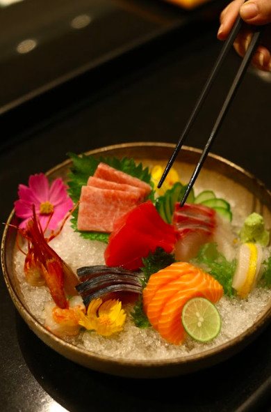 Fresh Fish: Sashimi selections include fresh salmon and tuna or a mix of the two with slices of tako (octopus).  (Courtesy of Mulia Senayan Hotel, Jakarta)