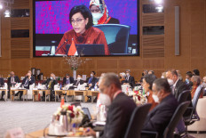 Indonesia’s Finance Minister Sri Mulyani addresses the second G20 Finance Ministers and Central Bank Governors (FMCBG) meeting on April 20, 2022 in Washington, D.C. Indonesia is gearing up to host the third FMCBG in Bali in July.