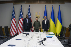 In this image provided by the Department of Defense, Secretary of Defense Lloyd Austin (left) and Secretary of State Antony Blinken (right) meet with Ukrainian President Volodymyr Zelensky (center) on April 24, 2022 in Kyiv, Ukraine. US Secretary of State Antony Blinken and Secretary of Defense Lloyd Austin traveled to Kyiv Sunday, the first visit by high-level American representatives to Ukraine since Russia invaded, US officials said.