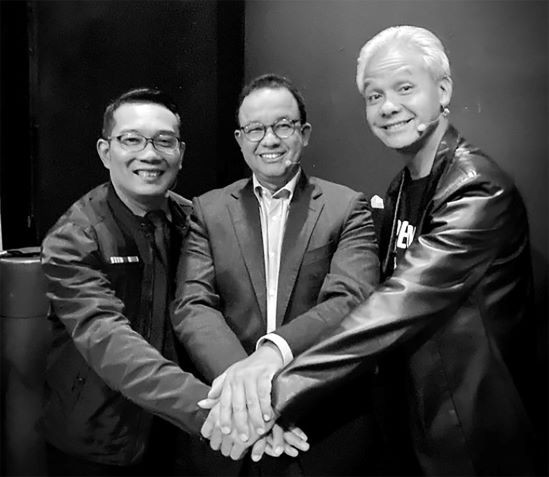 West Java Governor Ridwan Kamil (left), Jakarta Governor Anies Baswedan (center) and Central Java Governor Ganjar Pranowo pose for a photo session on Feb. 19, 2020. The three governors will end their terms this year or next year and are likely candidates for the 2024 presidential election.