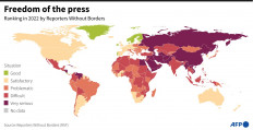 A world map showing the different states of press freedom by countries and territories, compiled by Reporters Without Borders.
