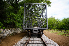 Art in a vineyard: A look of “Rail Car”, the new wrought-iron artwork by US singer Bob Dylan, presented at the Art Center of Chateau la Coste at Le Puy-Sainte Reparade, southeastern France.